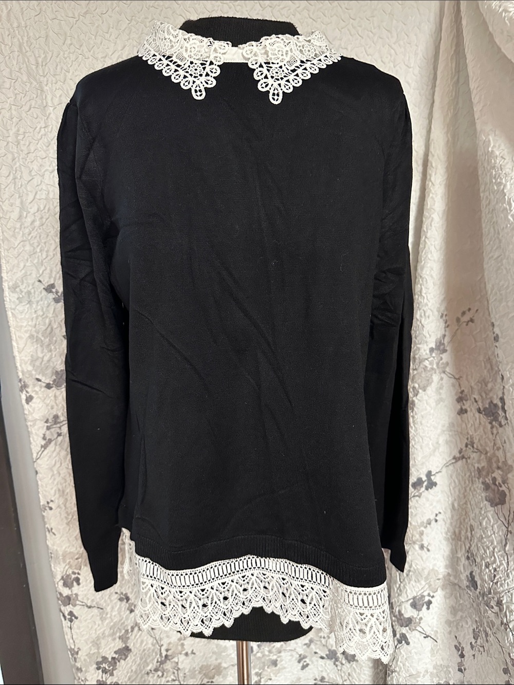 Black sweater with White Lace Collar and Hem